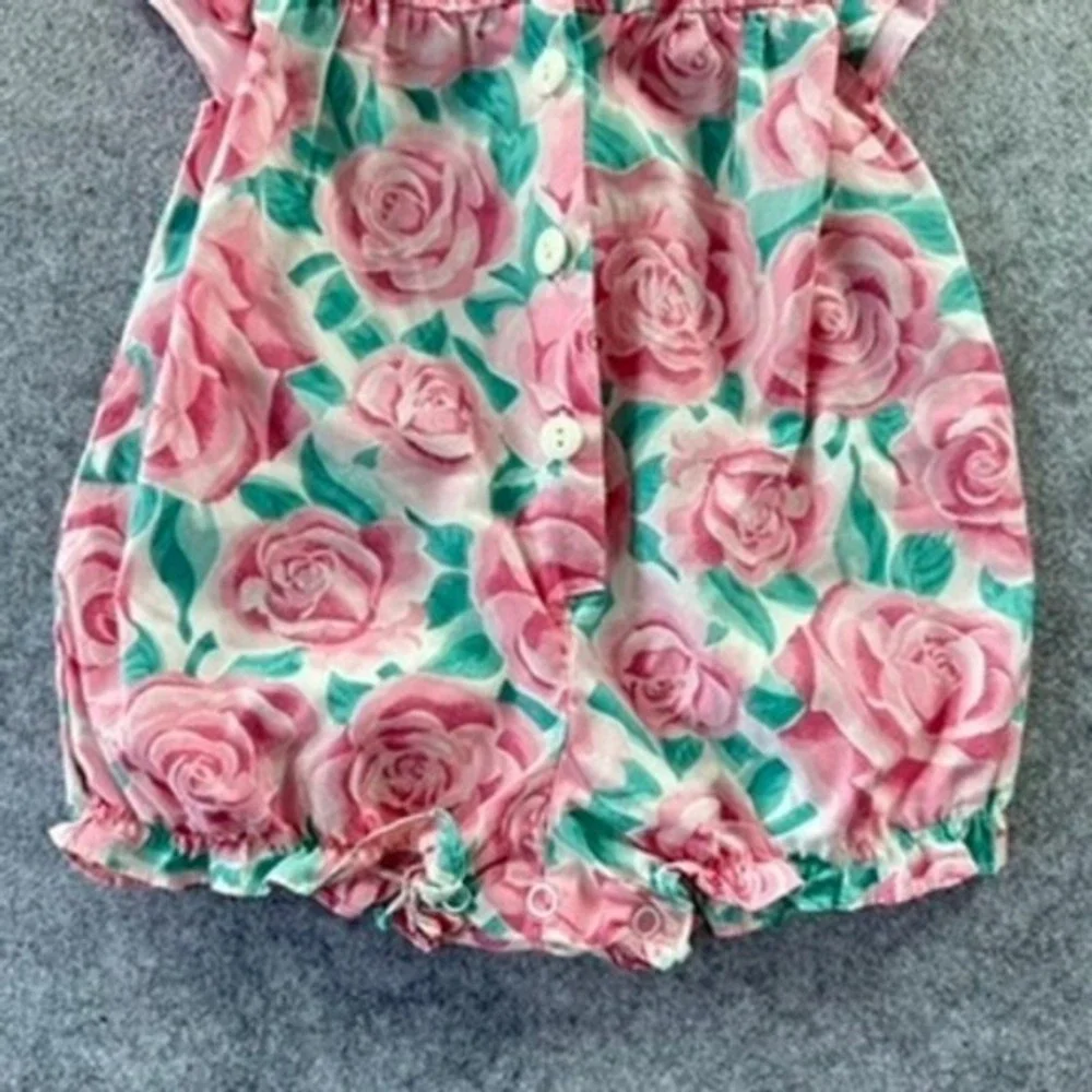 Vintage 12M Baby Girl Floral Rose Bubble‎ Romper Pink Peter Pan Collar